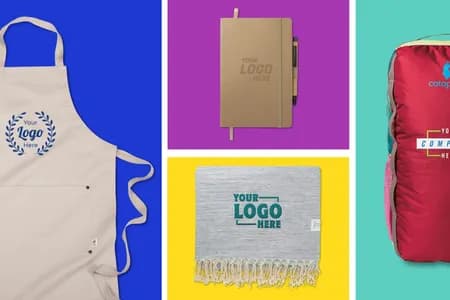 Custom sustainable corporate gifts including apron, notebook, blanket, and backpack featuring company logo designs.