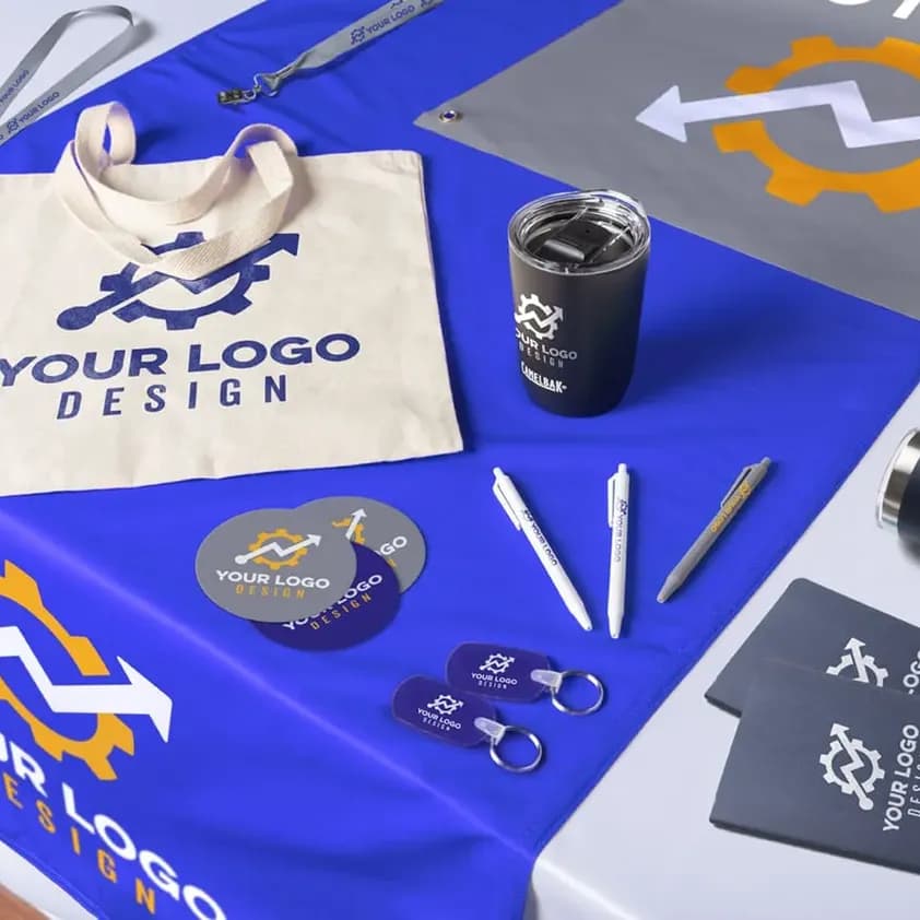 Collection of custom branded promotional products including tote bag, mugs, pens, banner, and tablecloth featuring company logo design.